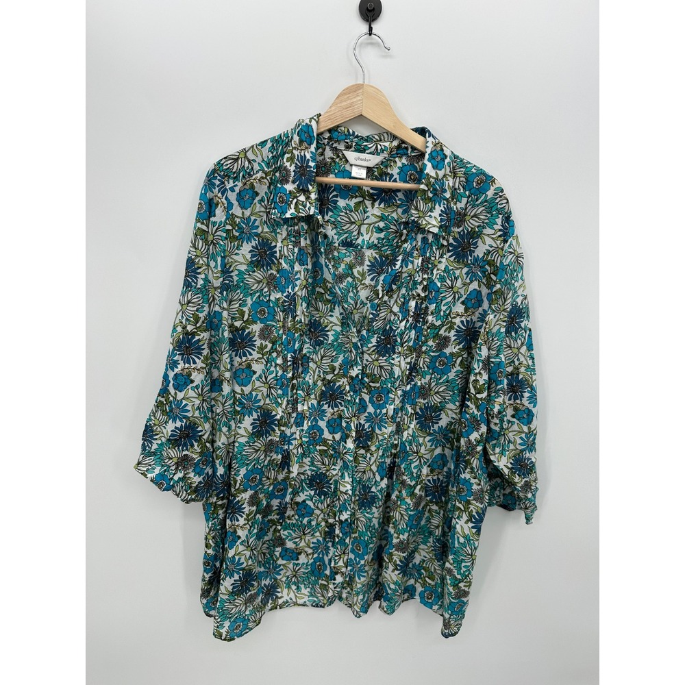 CJ Banks Womens 2X Floral Pintuck Button Down Blouse Blue Green 3/4 Sleeve Top
